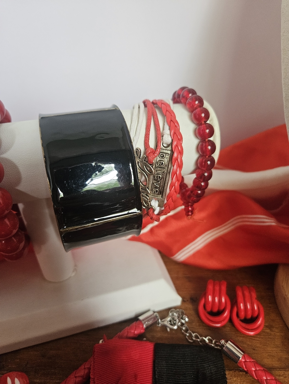 Estate Jewelry Lot Red W/ White And Black Vintage To Modern With Matching Scarf - Picture 8 of 10